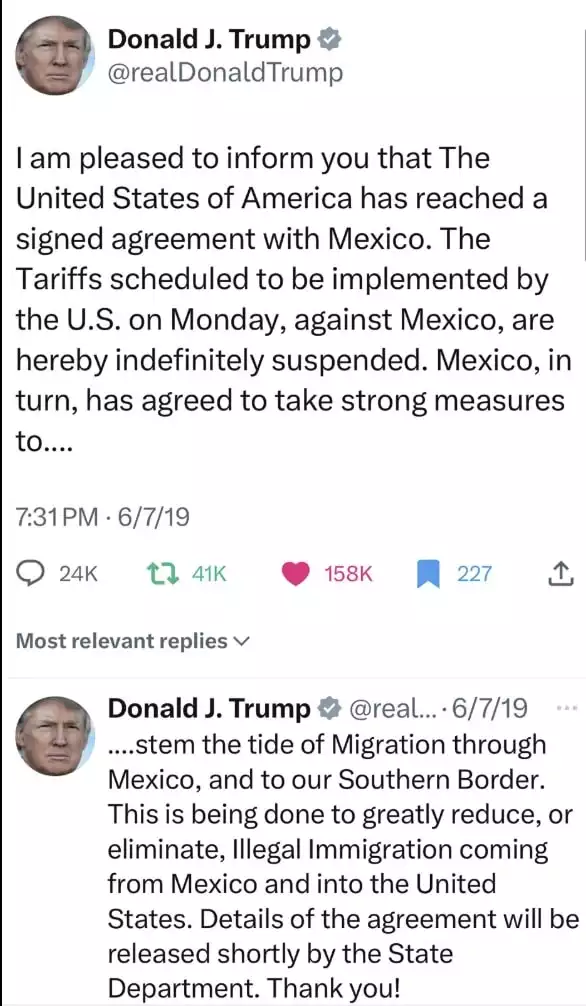 Trump Post about Agreement with Mexico on 2019 Tariffs